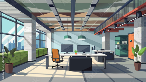 Vector art of bright and airy modern office interior featuring workstations, computers, and large windows with city views, promoting a productive business environment