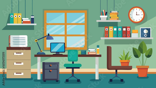 Vector art of bright and organized office space featuring a desk, computer, chairs, shelves with files, and a window, ideal for a productive business environment