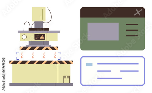 Industrial machine emitting rays paired with a control panel interface and pop-up window. Ideal for automation, innovation, technology, industry, production, development, simple flat metaphor