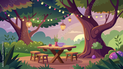 Vector art of enchanting backyard garden setting with a wooden table, benches, and string lights creating a magical atmosphere at dusk