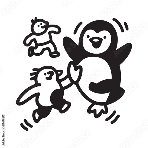 Adorable Penguin Line Art Playing with Friends Fun Bold Coloring Design for Kids. 