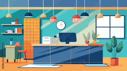 Vector art of contemporary office reception or workspace with a long blue desk, computer, plants, and a window offering a city view, illuminated by pendant lights