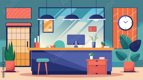 Vector art of stylish office reception area featuring a blue desk, plants, computer, and clock, designed for a professional business atmosphere