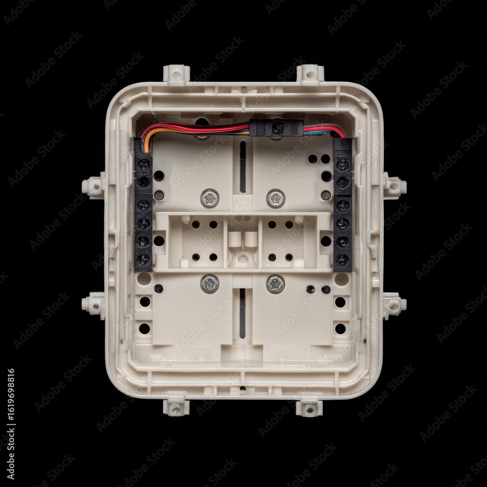 Fototapeta premium Inside view of an electrical box with wires, showcasing its components in detail.