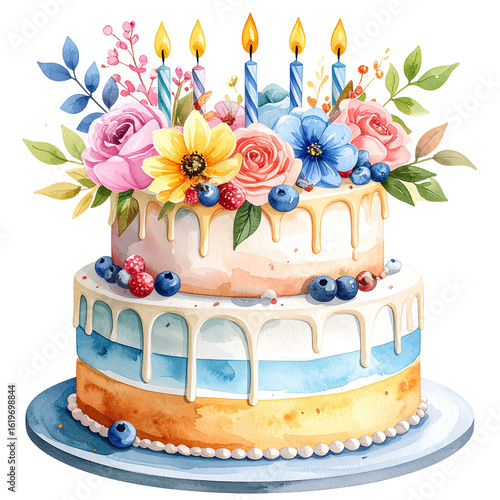 Two tier watercolor birthday cake with flowers and candles isolated on transparent background