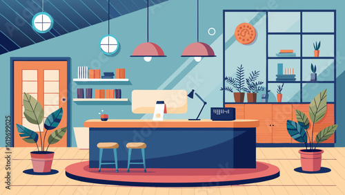 Vector art of inviting office reception with a central desk, computer, plants, and seating, designed for a professional and welcoming atmosphere
