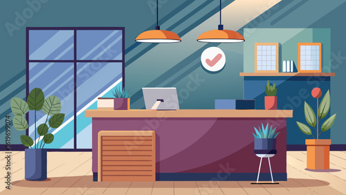 Vector art of contemporary reception desk in an office lobby with a laptop, plants, and a window, offering a welcoming and professional first impression