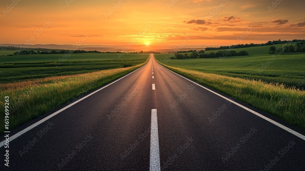 Fototapeta premium A Sunset Road Beckons Towards a Serene Horizon