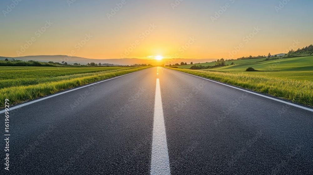 Fototapeta premium A sunlit road stretches towards a vibrant sunset over rolling green hills.