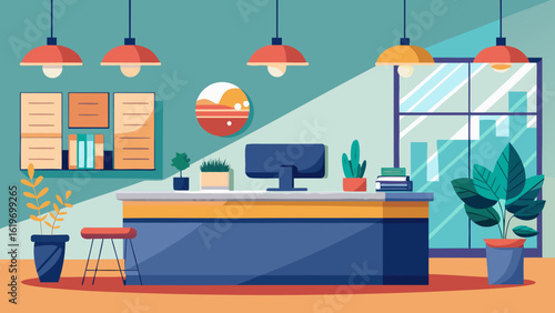 Vector art of stylish office reception area featuring a contemporary desk, computer, plants, and artistic decor, embodying a professional business atmosphere
