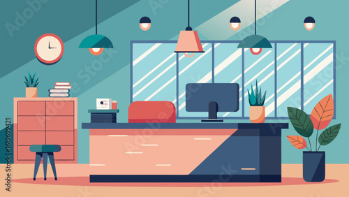 Vector art of stylish office reception area featuring a contemporary desk, computer, plants, and a clock, designed for a professional business welcome