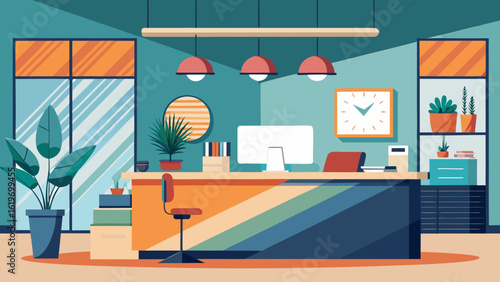 Vector art of elegant office reception interior with a sleek desk, computer, plants, and ambient lighting, offering a sophisticated business welcome