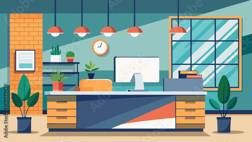 Vector art of modern office reception desk with computer, plants, and window, creating a professional and welcoming business environment