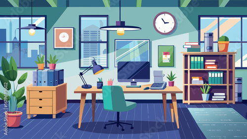 Vector art of a modern home office setup with a computer desk, ergonomic chair, lamp, and plants, designed for productivity and a professional work environment