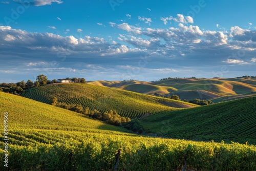 Tuscany vineyard hills with farmhouse under a scenic sky for tourist promotions