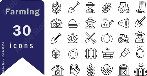 Farming icon set. Containing tractor, field, harvest, barn, cow, chicken, watering, irrigation, soil, seeds, crop and more. Editable line icons. Vector illustration