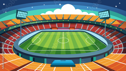 Vector art of a vibrant illustration of a modern football stadium at night, with bright floodlights illuminating the green pitch and empty stands, ready for a big game