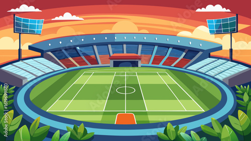 Vector art of a grand sports stadium with a large green field, illuminated by floodlights, surrounded by foliage under a dramatic sunset