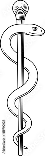 Rod of Asclepius or Aesculapius doctor medical symbol, often mislabelled as a caduceus. Features a snake curled around a staff.