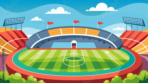 Vector art of vibrant cartoon illustration of a football stadium with green field, grandstands, and flags under a blue sky with clouds, perfect for sports and event themes