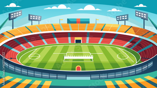 Vector art of a vibrant, cartoonstyle illustration of a football stadium with a green pitch, seating, and floodlights under a blue sky with clouds