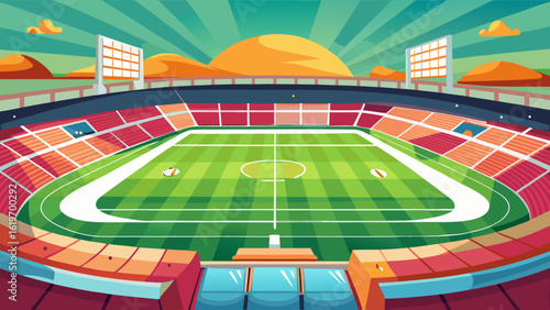Vector art of dynamic illustration of a packed football stadium during a daytime match, featuring colorful seating, a vibrant green field, and stadium lights