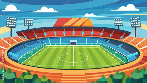 Vector art of an animated view of a sports stadium, featuring a green football field, vibrant seating sections, tall stadium lights, and a dynamic sky, perfect for illustrating athletic events