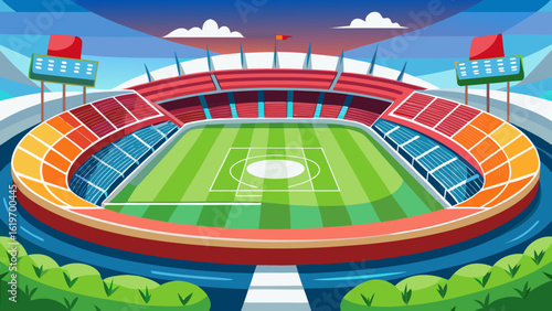 Vector art of an eyelevel view of a colorful soccer stadium, featuring a meticulously striped green pitch, tiered red and blue seating, and bright stadium lights under a dynamic sky