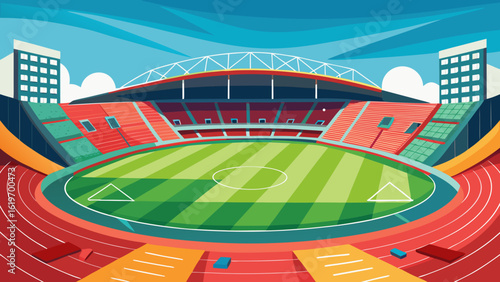 Vector art of a vibrant illustration of a modern football stadium with green field, red seats, and a clear blue sky, showcasing the grand architecture and atmosphere of a sporting venue