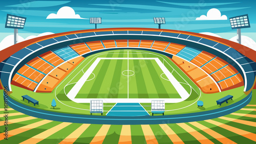 Vector art of a vibrant illustration of a modern football stadium with green grass field and colorful spectator stands under a bright sky with stadium lights
