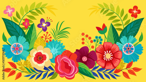 Vector art of festive floral border featuring a variety of colorful blooms and lush green foliage against a cheerful yellow backdrop, ideal for celebratory themes