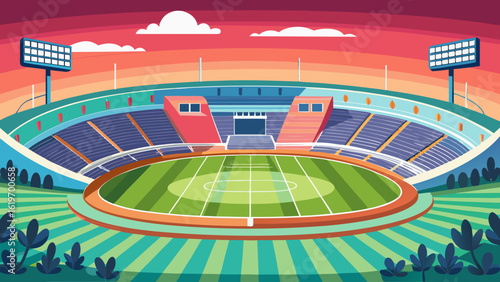 Vector art of a colorful cartoon illustration of a sports stadium at sunset, showcasing a lush green football field, spectator seating, and prominent stadium lights against a gradient sky
