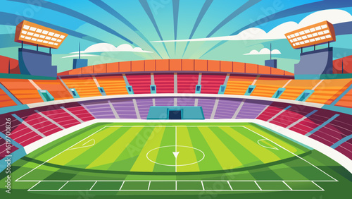 Vector art of an eyecatching illustration of a large sports stadium, showcasing multicolored tiered seating, a central football pitch, and a distinctive roof structure under a radiant sunburst sky