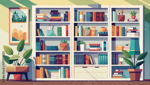 Vector art of cozy room interior showcasing a white bookcase filled with books and decorative items, including plants and a framed picture, in a flat illustration style