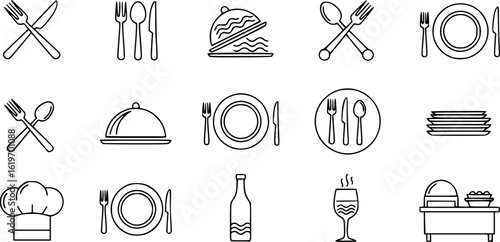 Restaurant and dining icons. Monochrome vector illustration. EPS version.
