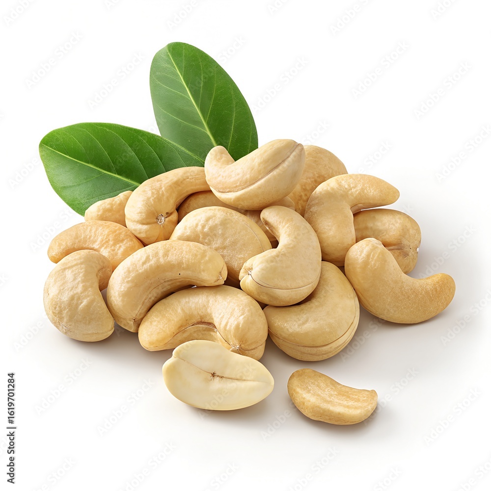 Fototapeta premium Pile of Raw Cashews and Green Leaves