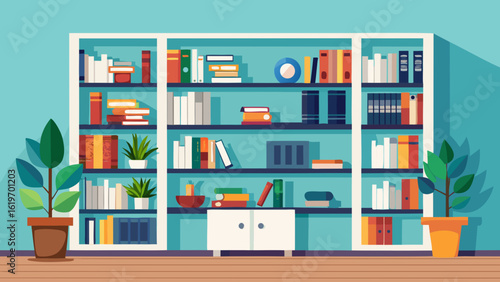 Vector art of a spacious white bookshelf brimming with books and adorned with green plants, perfect for a home library or study space