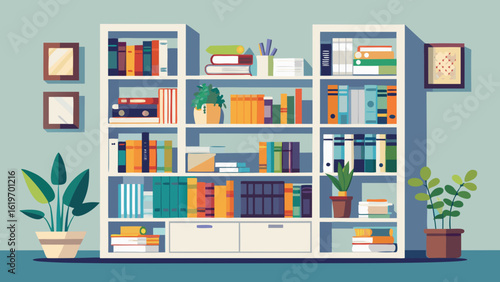 Vector art of a tall white bookshelf filled with various books and potted plants, creating a cozy and inviting atmosphere for reading and study