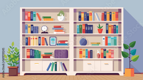 Vector art of a tall white bookcase filled with a diverse collection of books, plants, and decorative items, showcasing a cozy and organized home library or study space