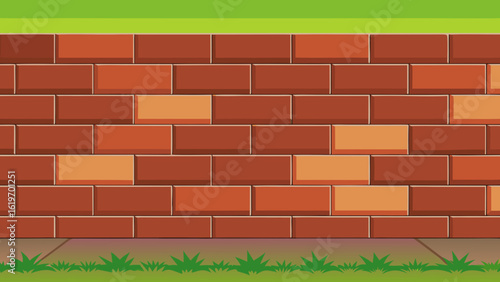 Vector art of a seamless brick wall texture with a green grassy foreground and a hint of ground, suitable for various design applications