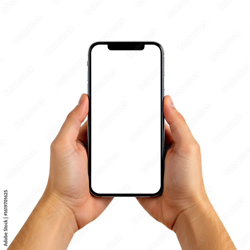 Two hands holding a silver smartphone with a blank white screen isolated on a transparent background Two hands holding a silver smartphone with a blank white screen isolated on a transparent background