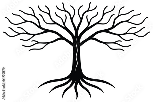 Stylized silhouette of a bare tree with visible roots