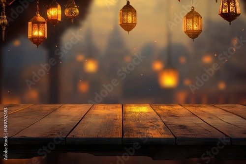 Wooden table with hanging lanterns, blurred background