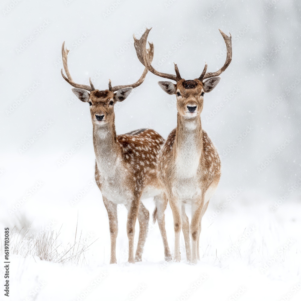 Two majestic fallow deer standing gracefully in a snowy landscape, exuding a sense of serenity and resilience amidst the winter's embrace. Their presence evokes feelings of awe and admiration Two majestic fallow deer standing gracefully in a snowy landscape, exuding a sense of serenity and resilience amidst the winter's embrace. Their presence evokes feelings of awe and admiration