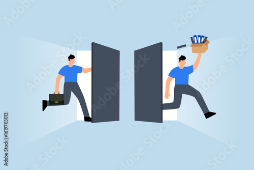 job rotation in people management, entrepreneur arrives at workplace as colleagues depart for new positions.
