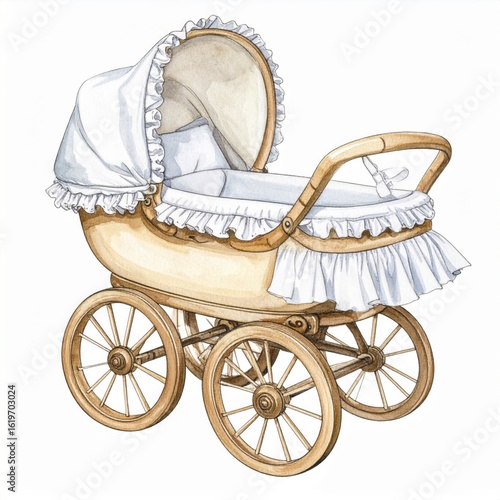 Elegant Antique Baby Carriage with Wooden Wheels and White Linen Details Isolated