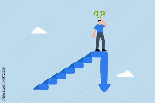 Stock market decline in crisis, exasperated entrepreneur investor ascends steps with downward arrow above.