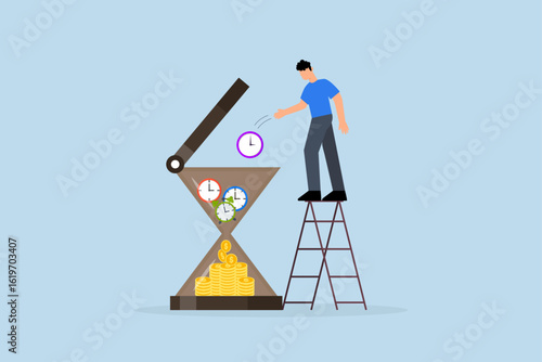 Time is money, businessman investor puts clock pieces, clock, alarm clock and timer into an hourglass to make the return on investment fall.