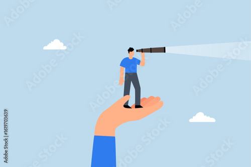 Vision to see opportunity, businessmen stand with supporting hand looking through telescope.