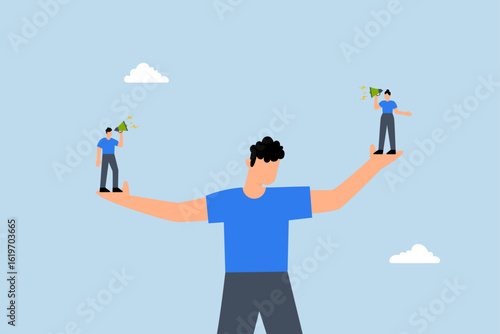 Employee voice, business manager listening to employees shouting with both hands.